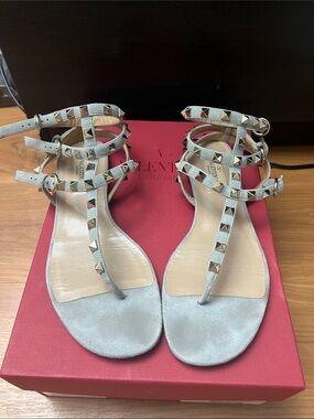 Valentino Garavani suede Rockstud Flat Sandals with Straps gray